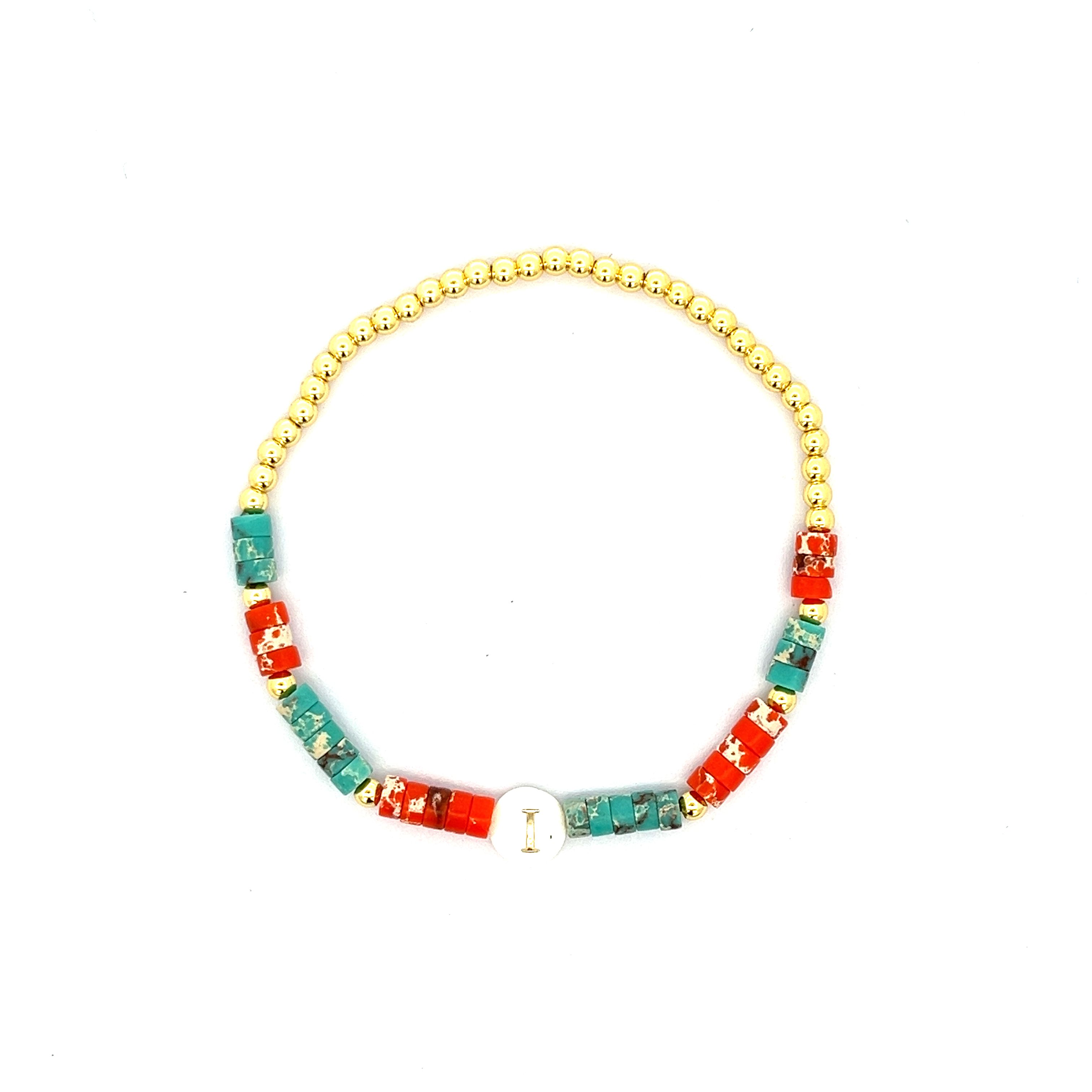 MOTHER SHELL INITIAL TURQOIUSE GLAZE BRACELET ‘I’