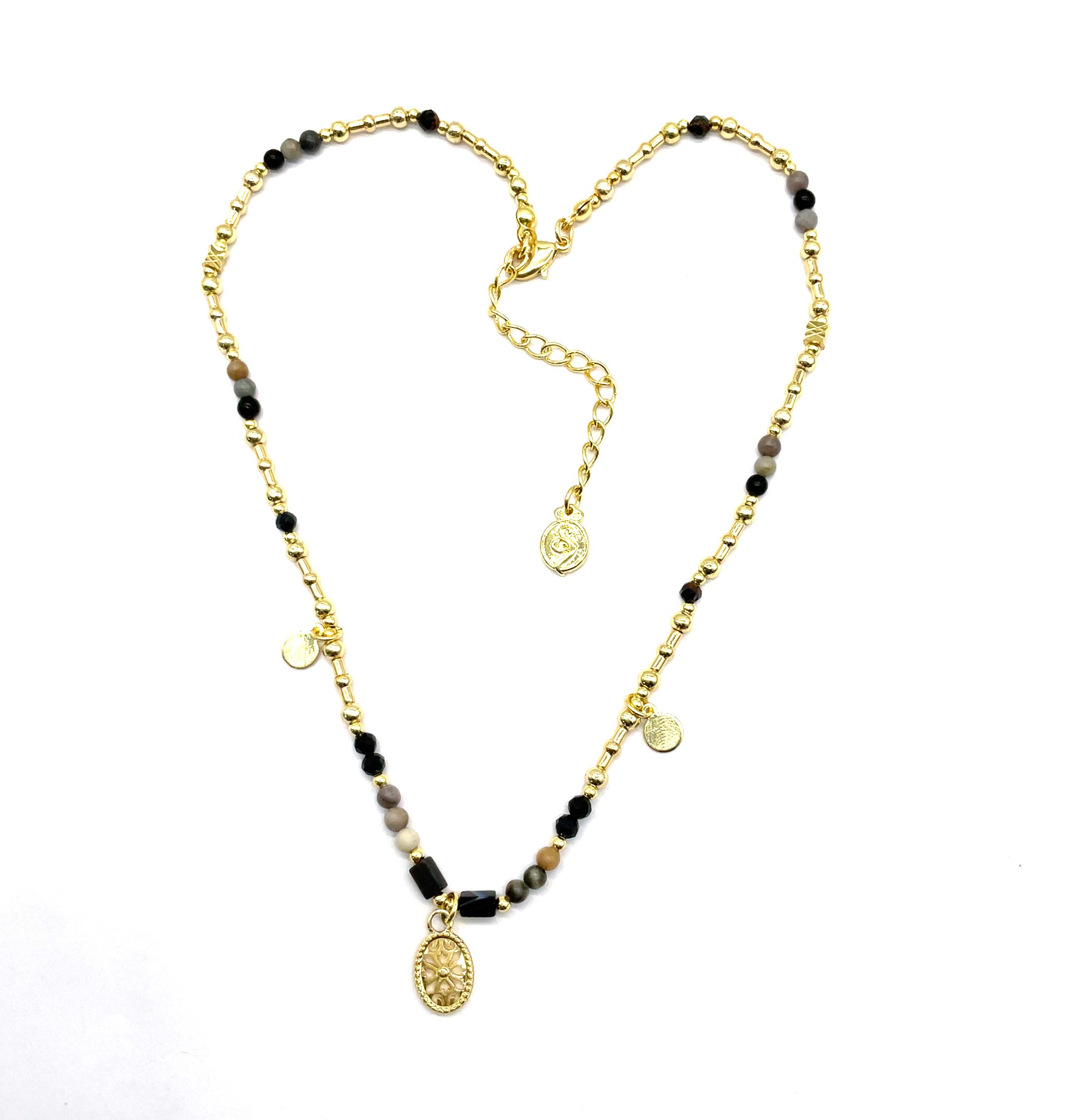 ROUND NATURAL STONE BEAD PENDANT NECKLACE WITH DIAMONDS