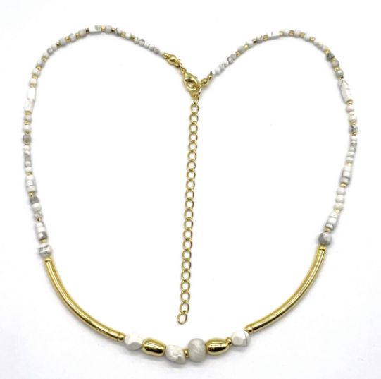 WHITE TURQUOISES COPPER TUBE BEADS NECKLACE