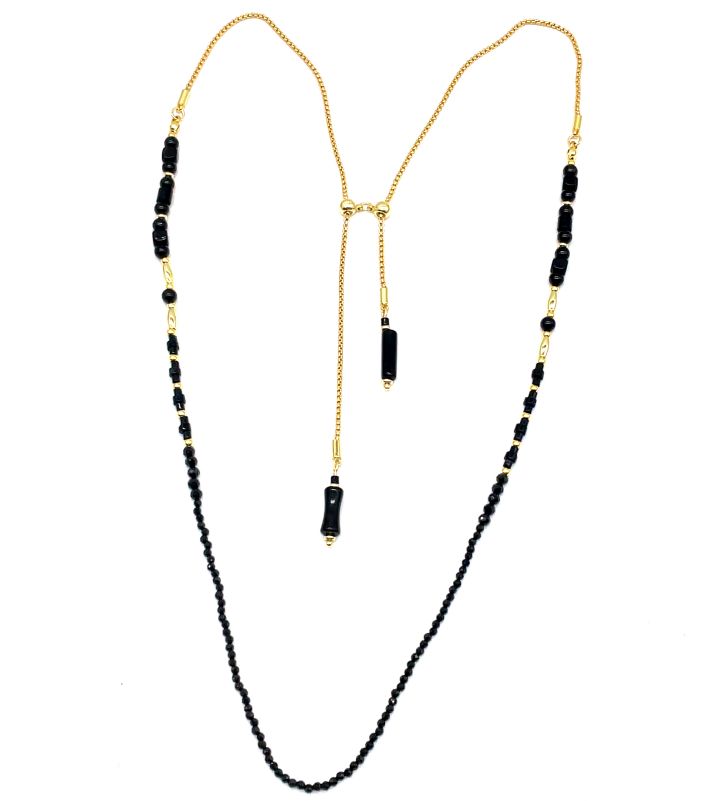 WELDED ROUND CHAIN BLACK AGATES NECKLACE