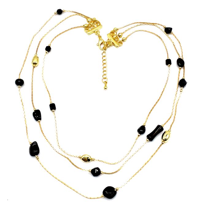 BLACK AGATE THREE-LAYER NECKLACE