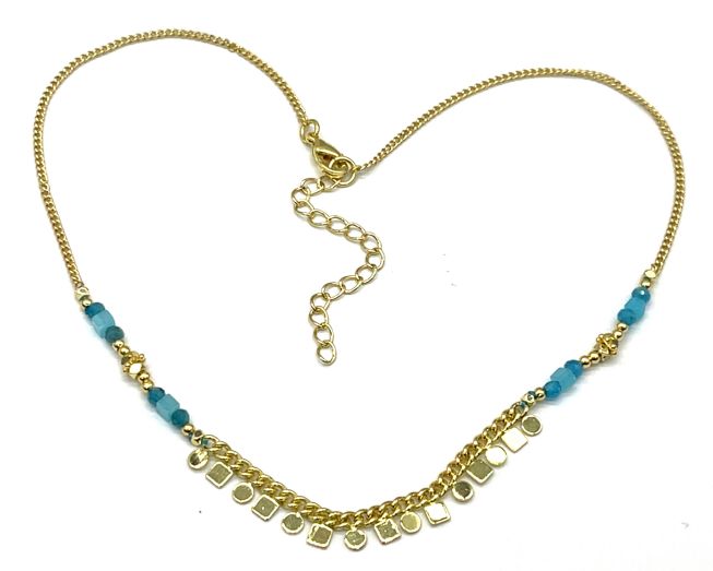 APATITE ROUND BEAD SQUARE PIECE CHAIN NECKLACE 