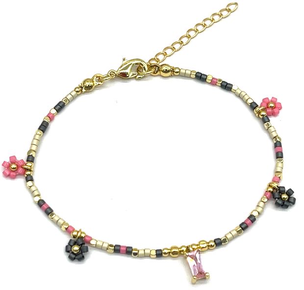 PINK AND GREY FLOWER DB BEADS BRACELET