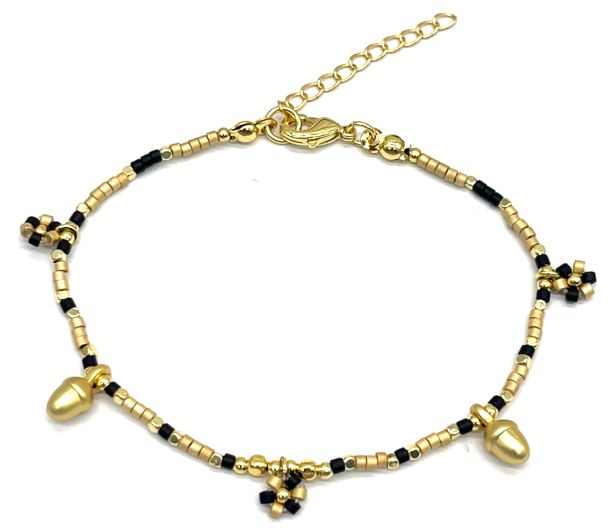 BLACK AND GOLD FLOWER PINECONE PENDANT DB BEADS BRACELET