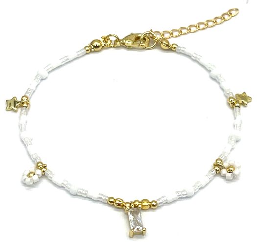 WHITE SQUARE ZIRCON STAR FLOWER DB BEADS BRACELET