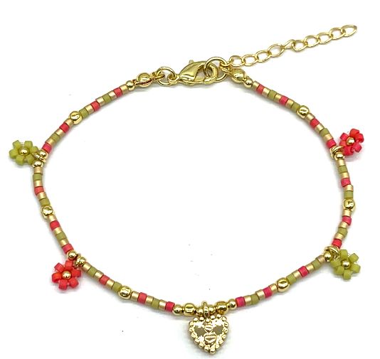 ROSE RED AND GREEN FLOWER DB BEADS BRACELET 