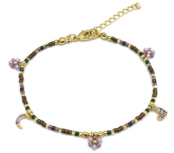 PURPLE FLOWER HEART MOON DB BEADS BRACELET