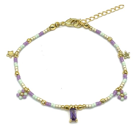 PURPLE SQUARE ZIRCON STAR FLOWER DB BEADS BRACELET