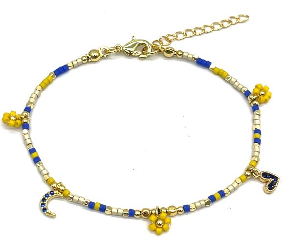 BLUE HEART MOON YELLOW FLOWER DB BEADS BRACELET