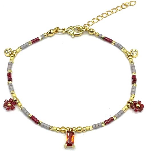 RED SQUARE ZIRCON FLOWERS DB BEADS BRACELET