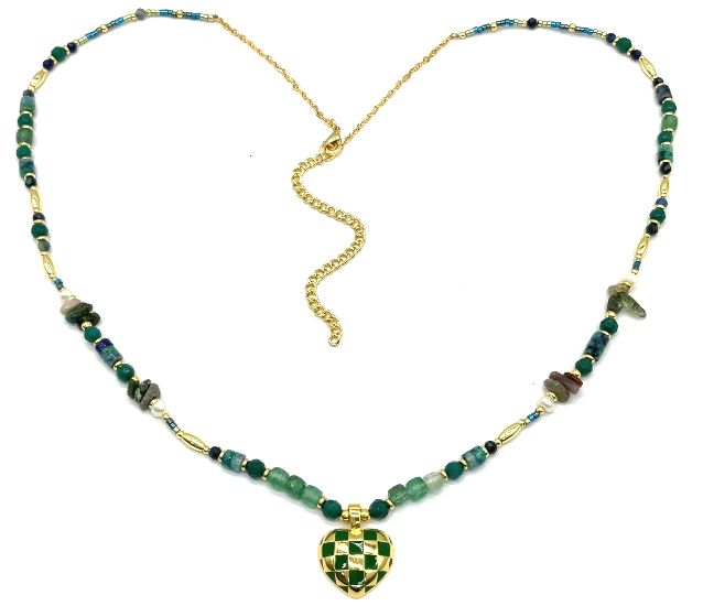 GREEN CHECKERBOARD HEART PENDANT NECKLACE 