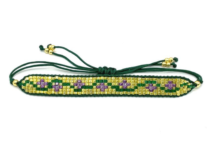 GOLD, GREEN, PURPLE RICE BEADS WOVEN BRACELET