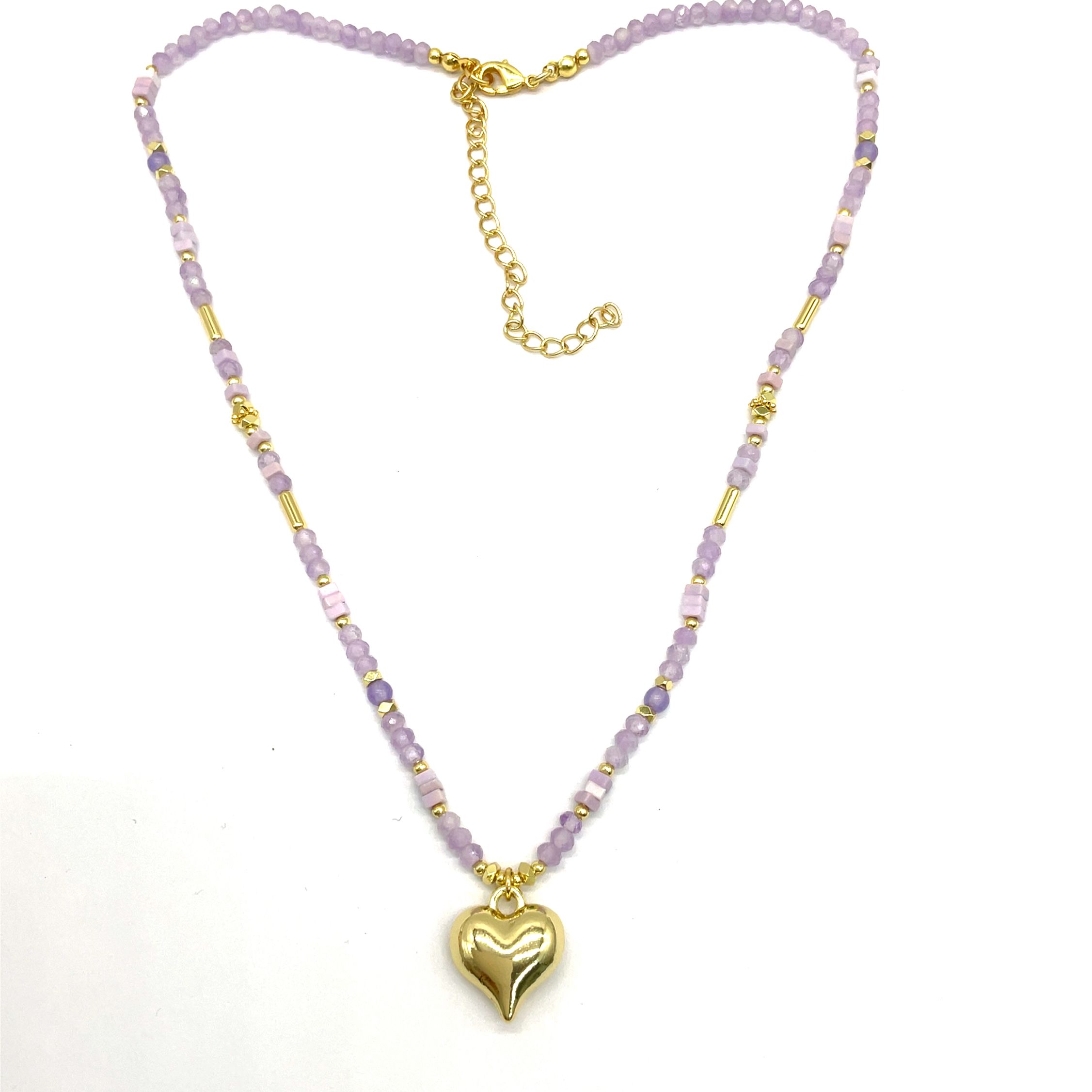 PURPLE JADE BEAD LOVE PENDANT NECKLACE 
