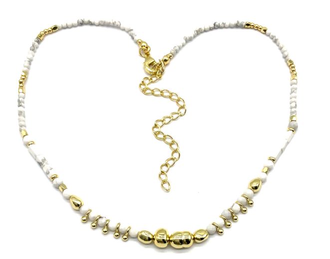 WHITE TURQUOISE STAINLESS STEEL FLAT BEADS NECKLACE