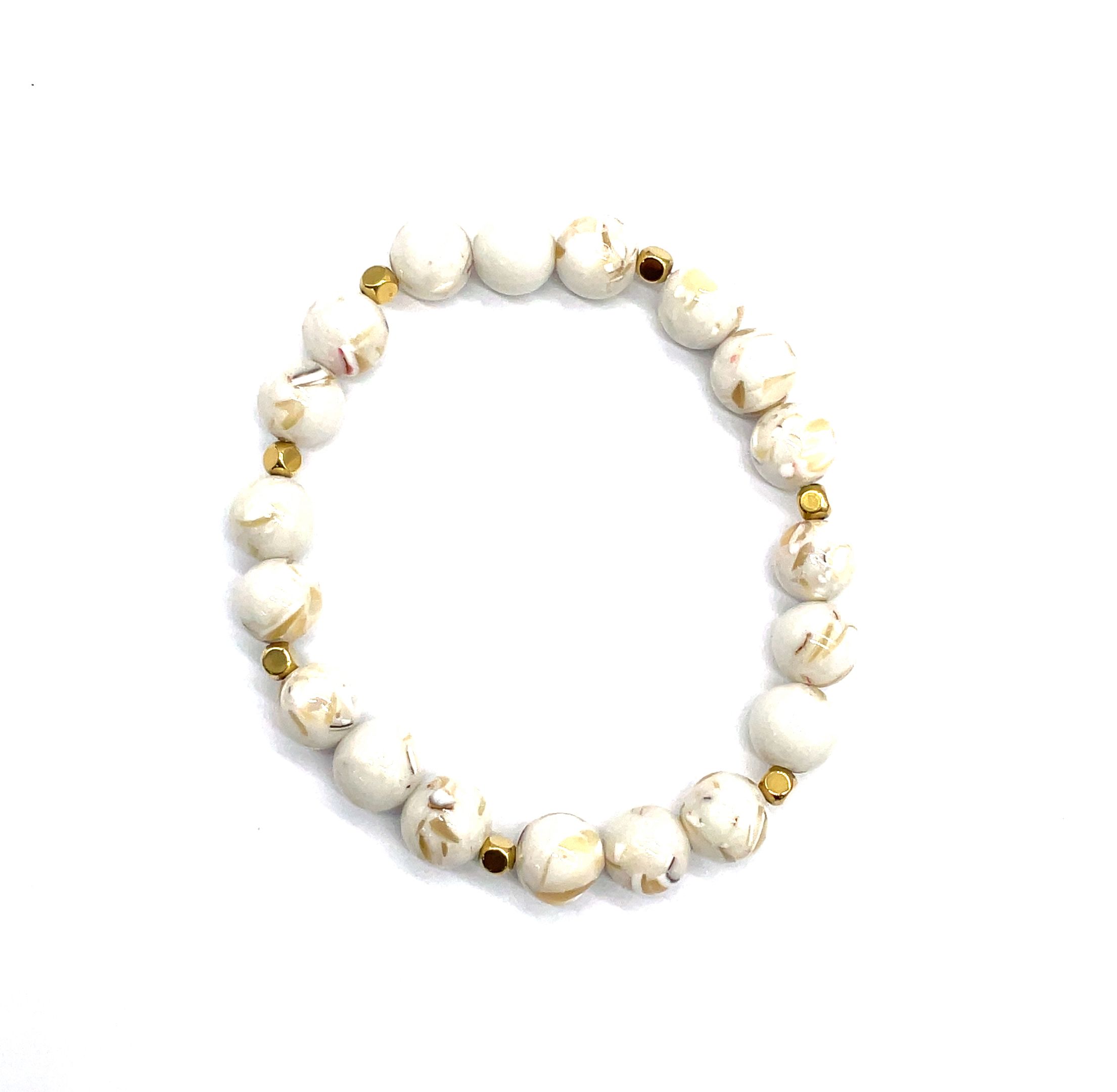 8MM WHITE MARTINO SHELL PINE ROUND BEADS BRACELET