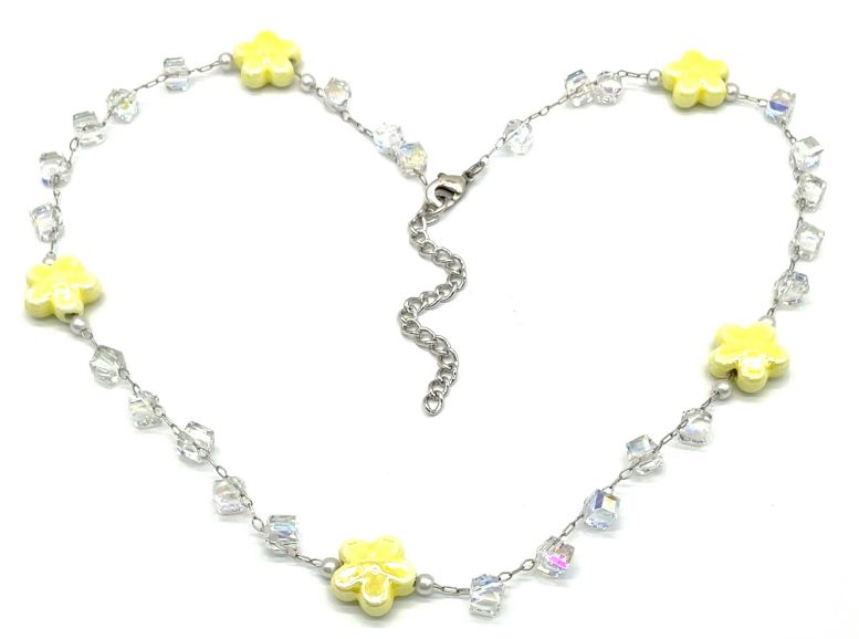 YELLOW FLOWERS GLASS BEADS CHAIN NECKLACE