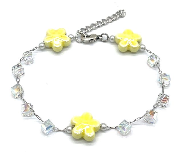 YELLOW FLOWERS GLASS BEADS CHAIN BRACELET