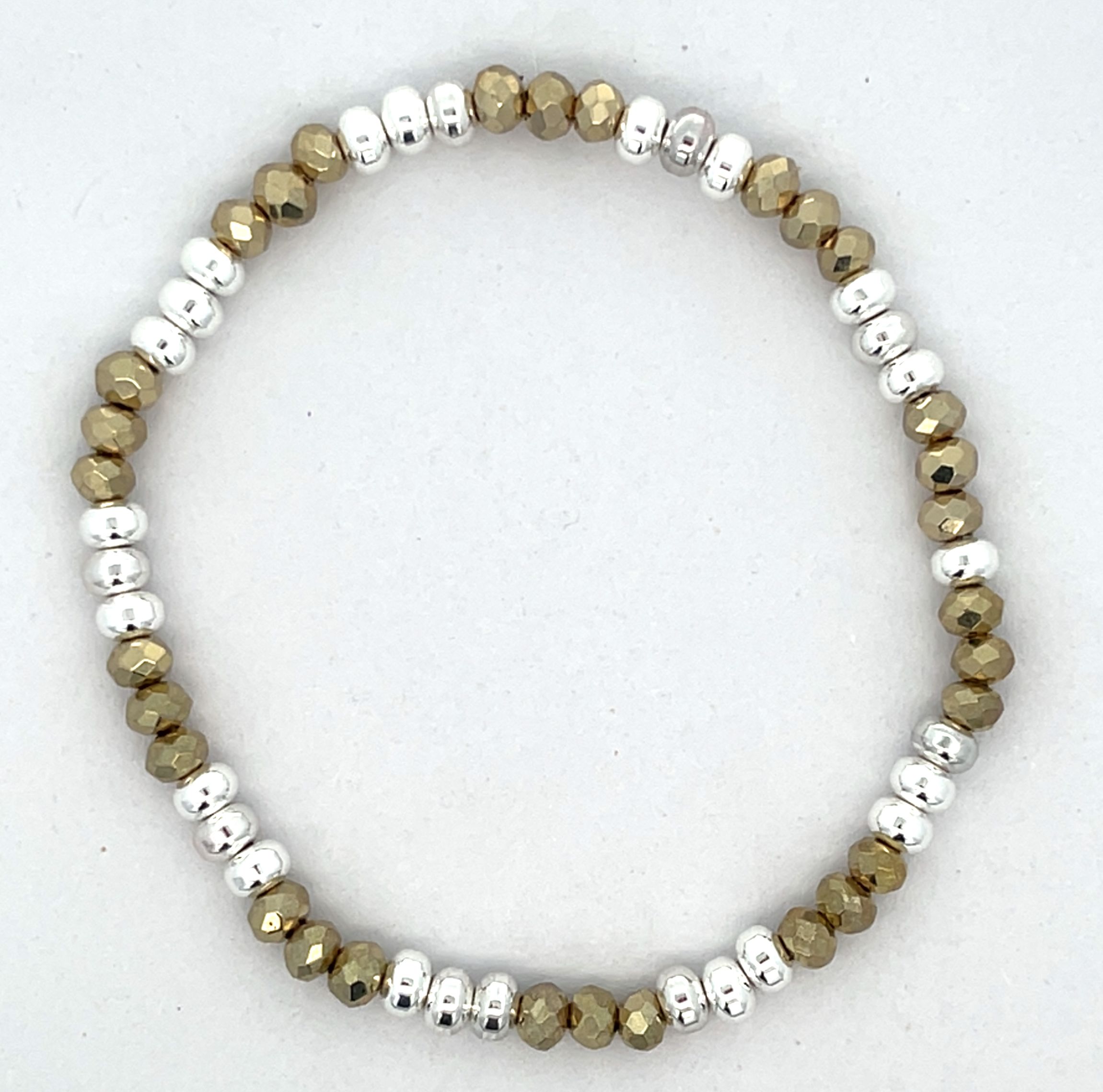 LIGHT GOLD AND SILVER ROUND BEADED STRETCH BRACELET