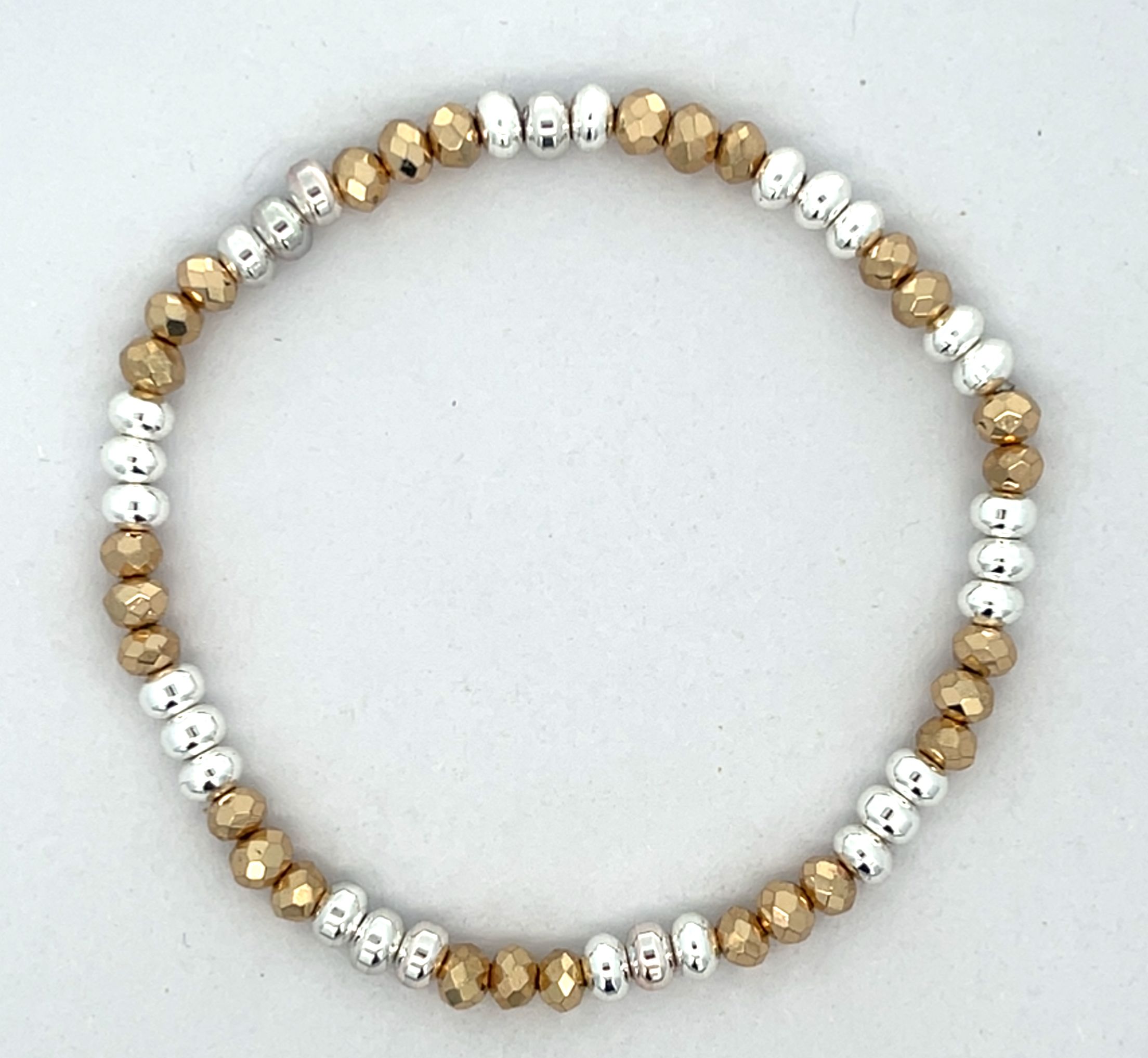LIGHT YELLOW AND SILVER ROUND BEADED STRETCH BRACELET