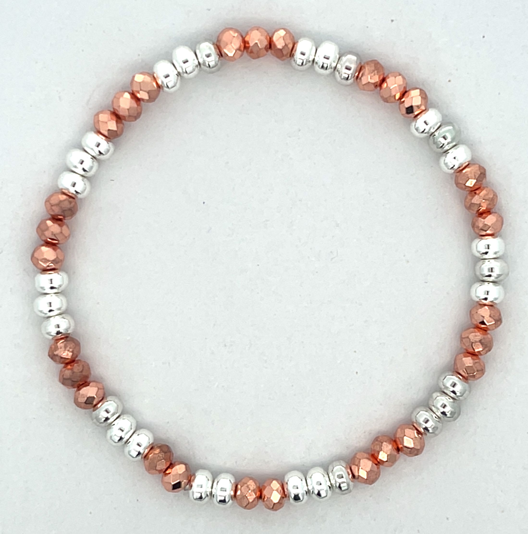 ROSE GOLD AND SILVER ROUND BEADED STRETCH BRACELET
