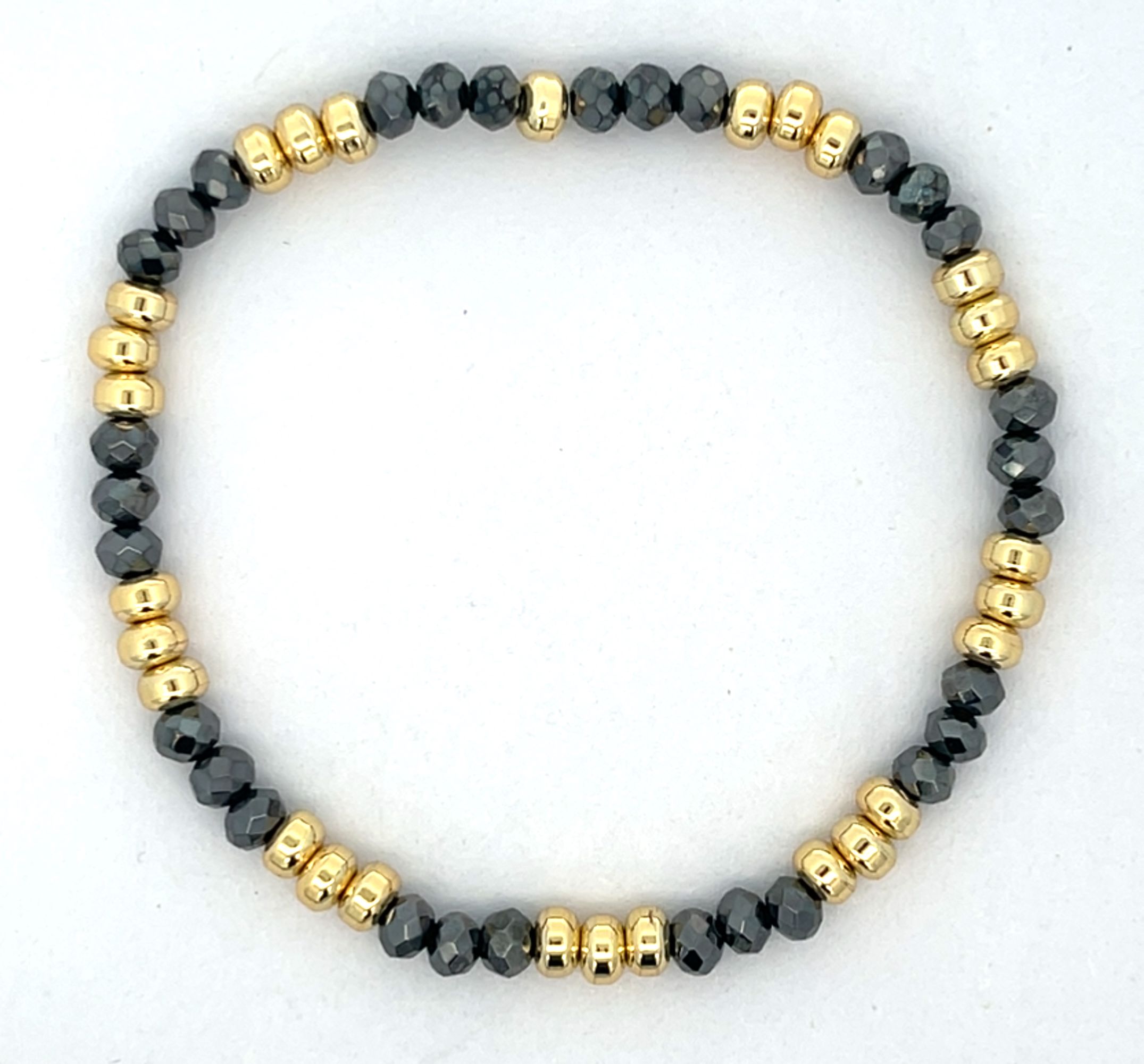 BLACK AND GOLD ROUND BEADED STRETCH BRACELET