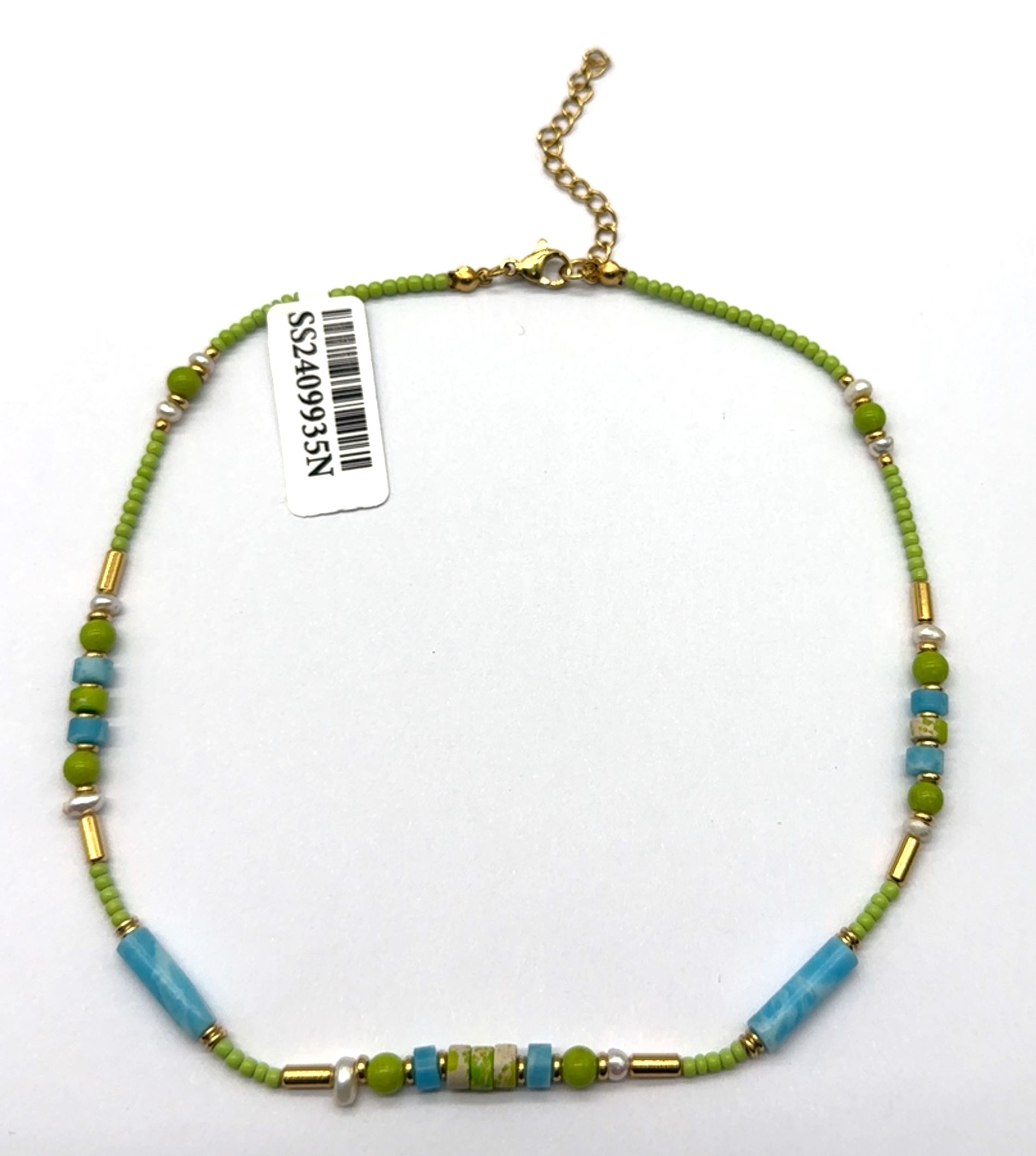 CRYSTAL BLUE CYLINDRICAL STONES GREEN BEADED NECKLACE