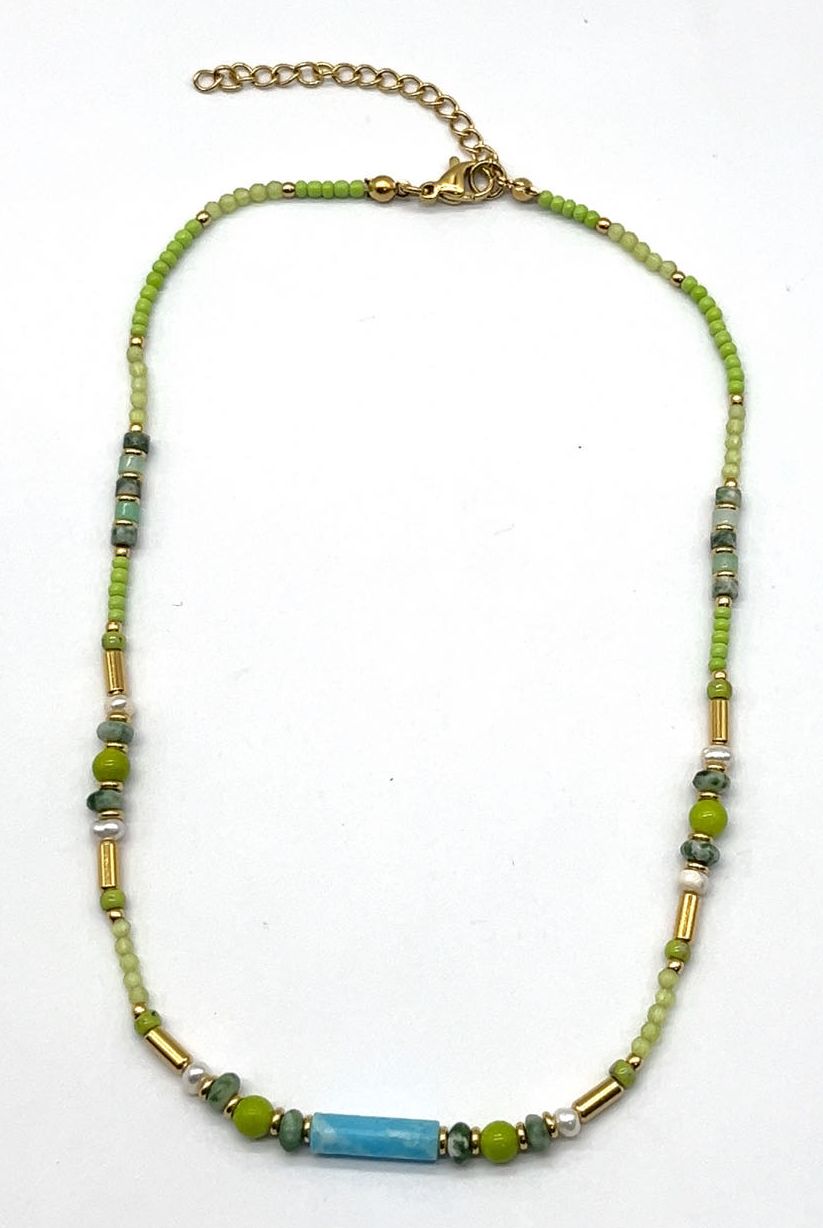 GREEN CAT-EYE BEADED NATURAL STONE NECKLACE