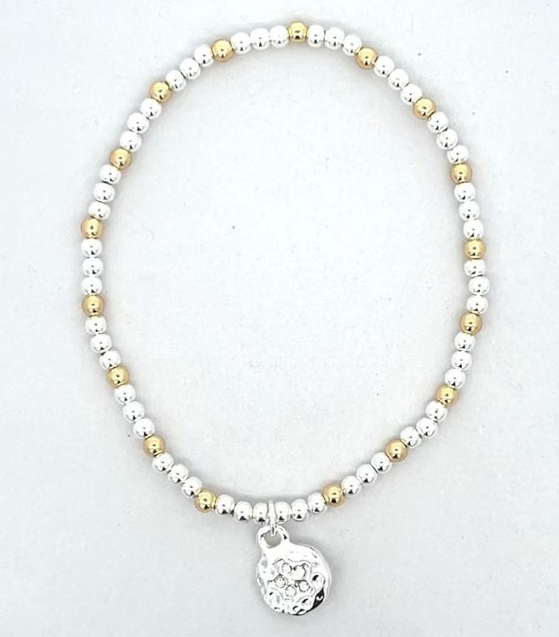 SILVER & GOLD BEADED BRACELET WITH CIRCULAR PENDANT