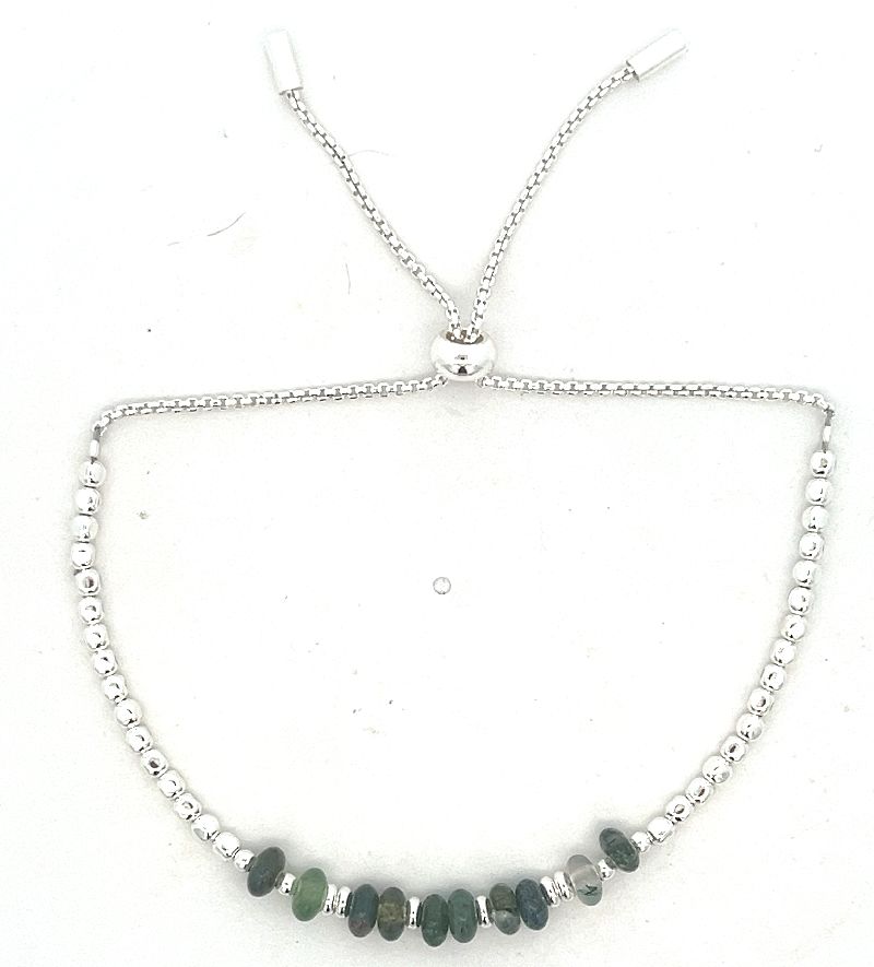 WATER PLANT AGATE SILVER BEADED ROUND CHAIN BRACELET