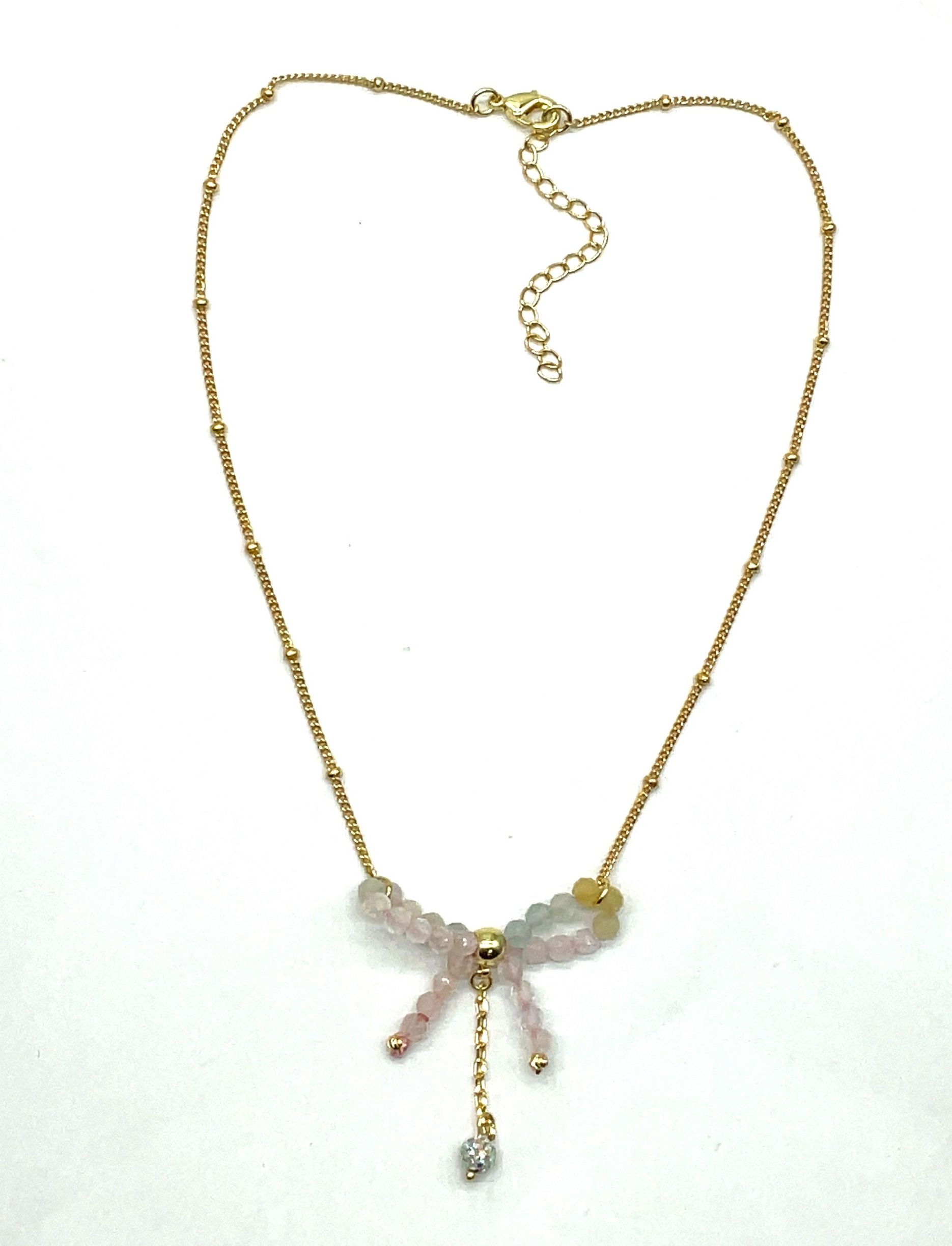 BOW-SHAPED MORGANITE PENDANT CHAIN NECKLACE 