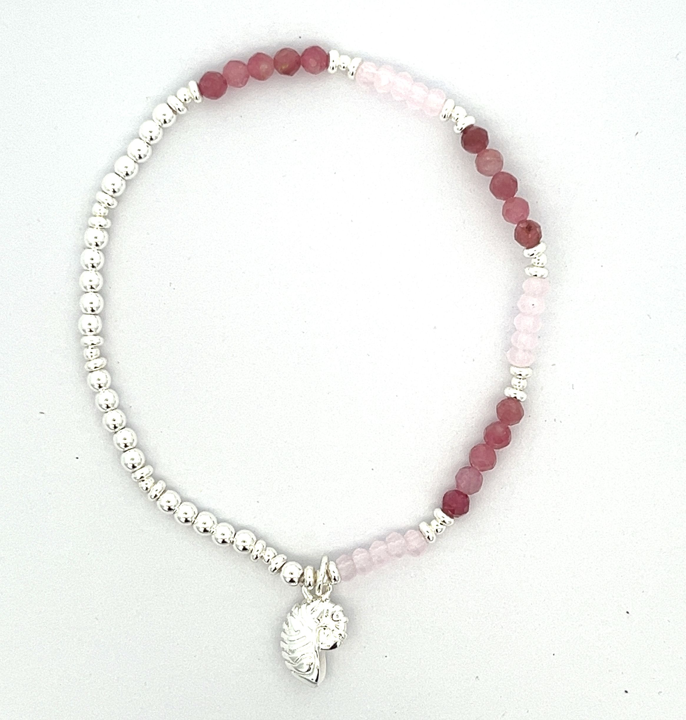SILVER CONCH PENDANT PINK TOURMALINE BEADED BRACELET