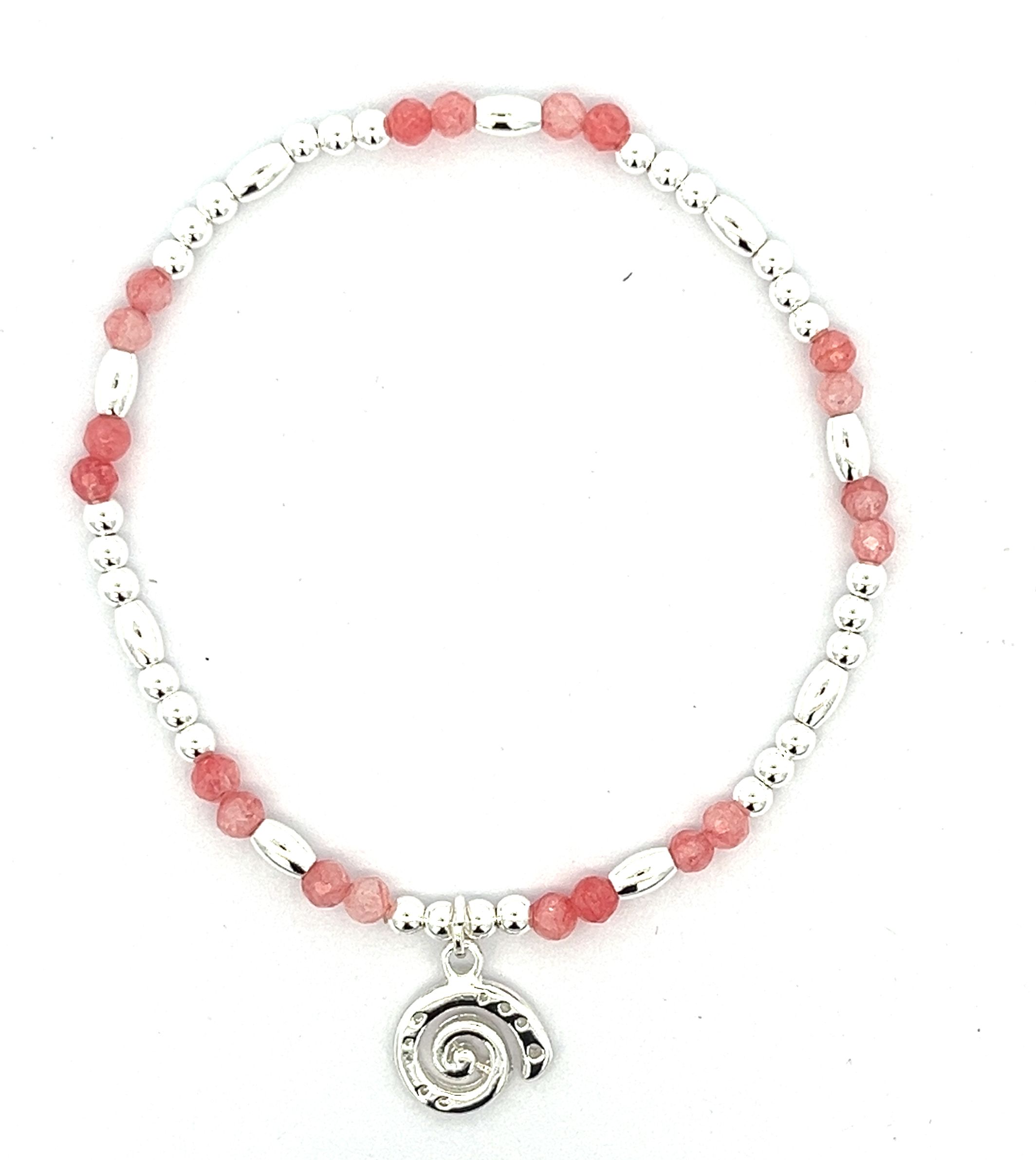 CONCH PENDANT, PINK JADE ,SILVER BEADED BRACELET