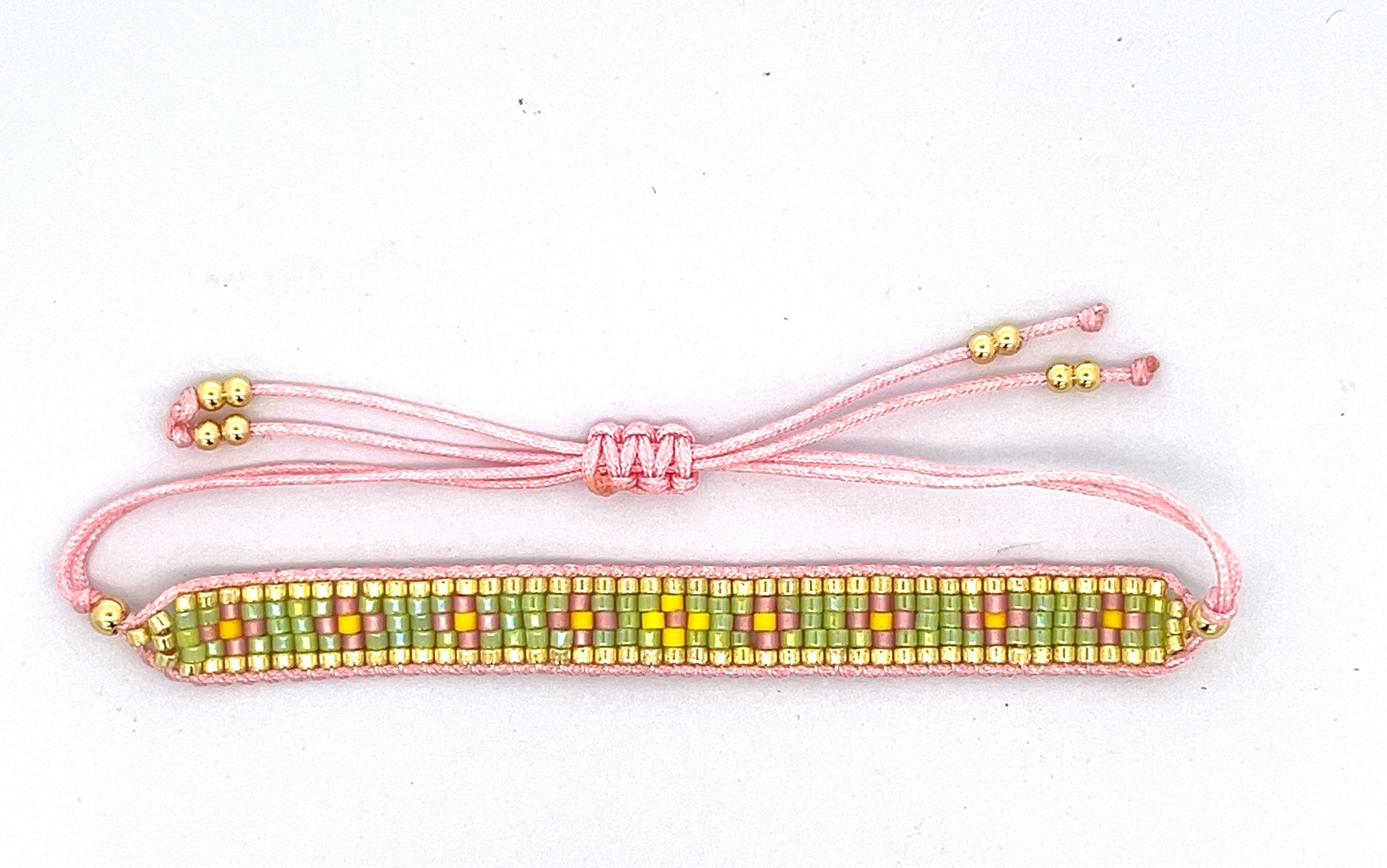 LIGHT GREEN DB BEADS PINK JADE LINE WOVEN BRACELET