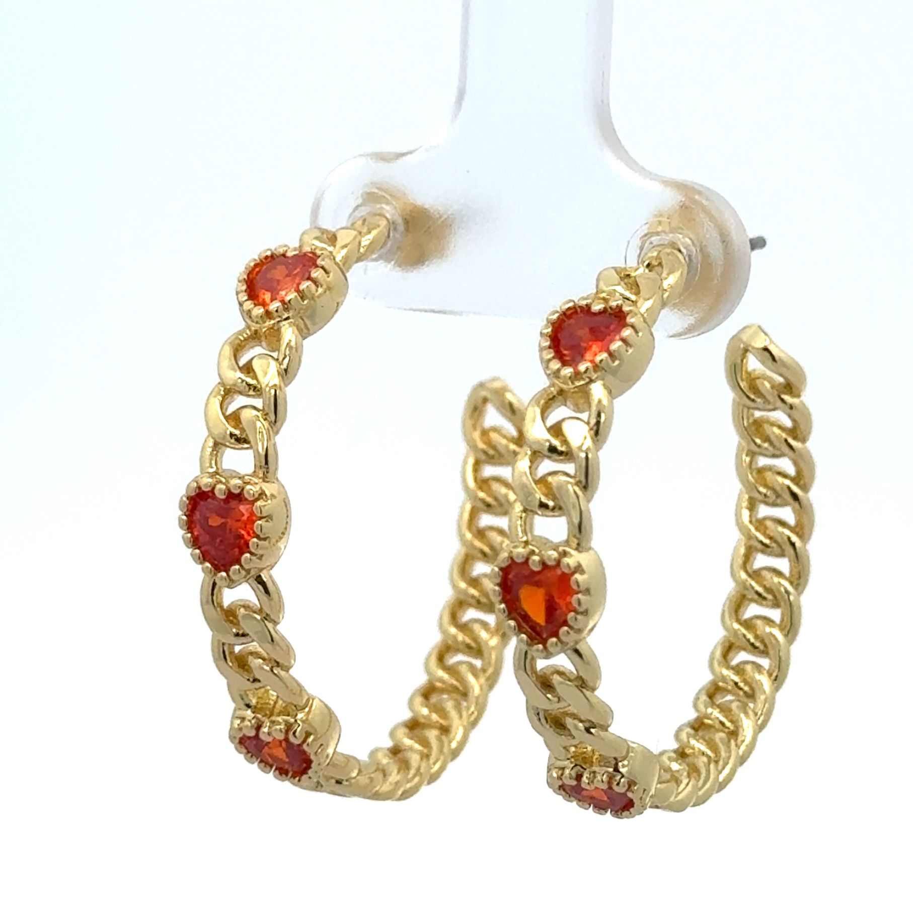 HEART-SHAPED ORANGE RED DIAMOND EAR LOOPS