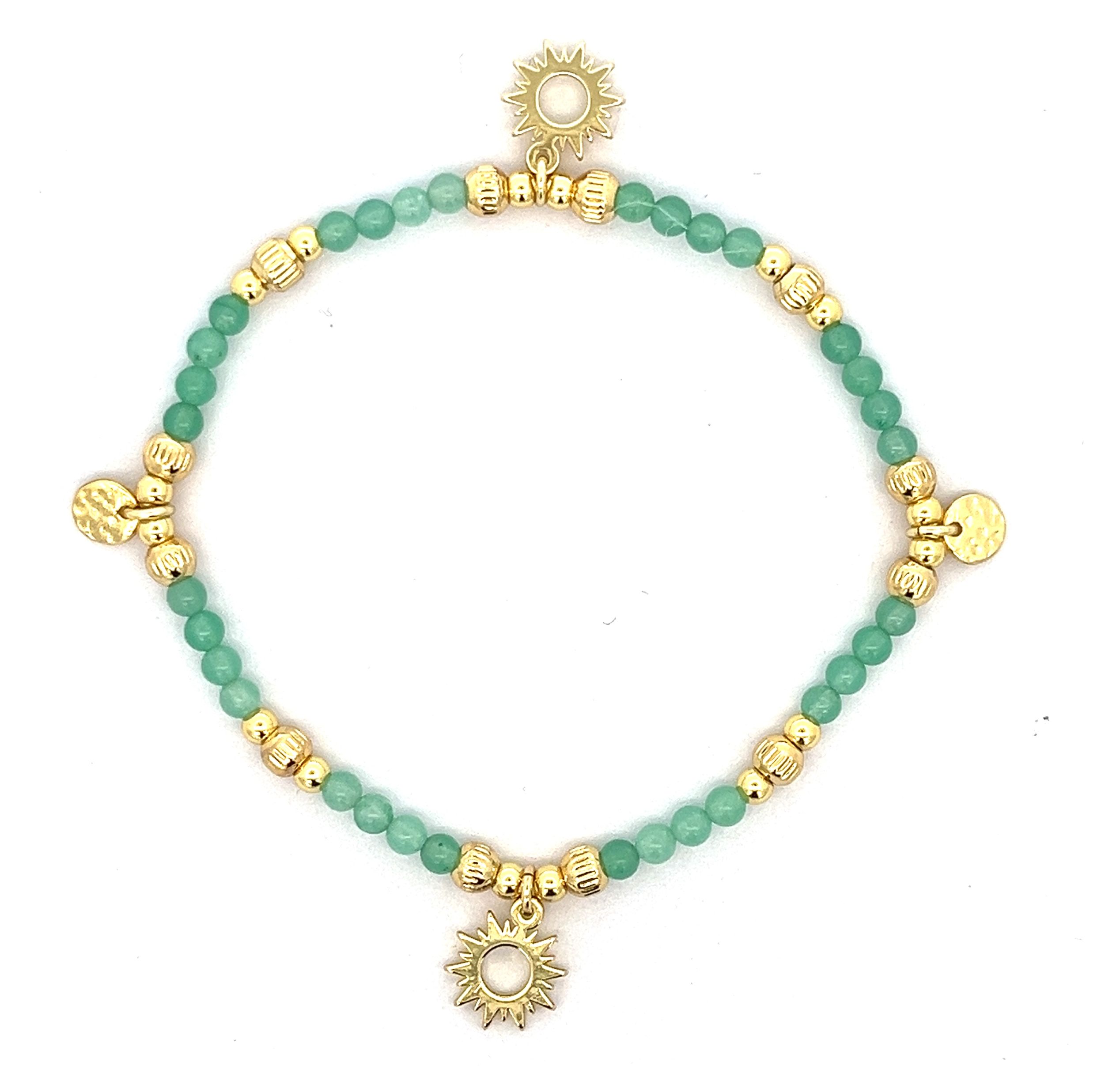 TWO SUN PENDANTS GREEN JADE ROUND BEADS BRACELET