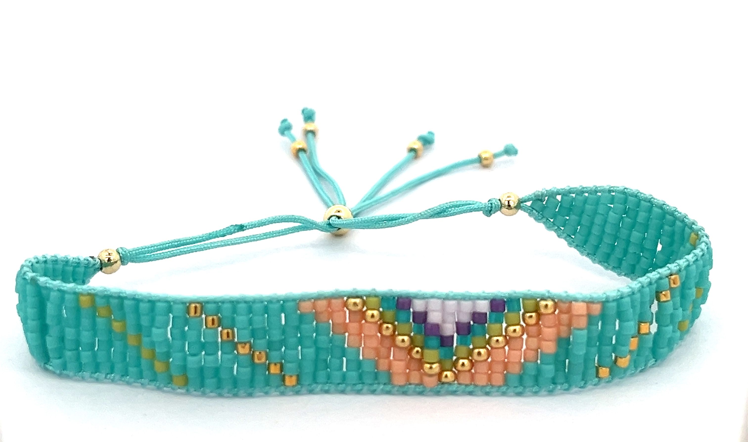 GREEN, LIGHT PINK AND ORANGE DB BEADS WOVEN BRACELET
